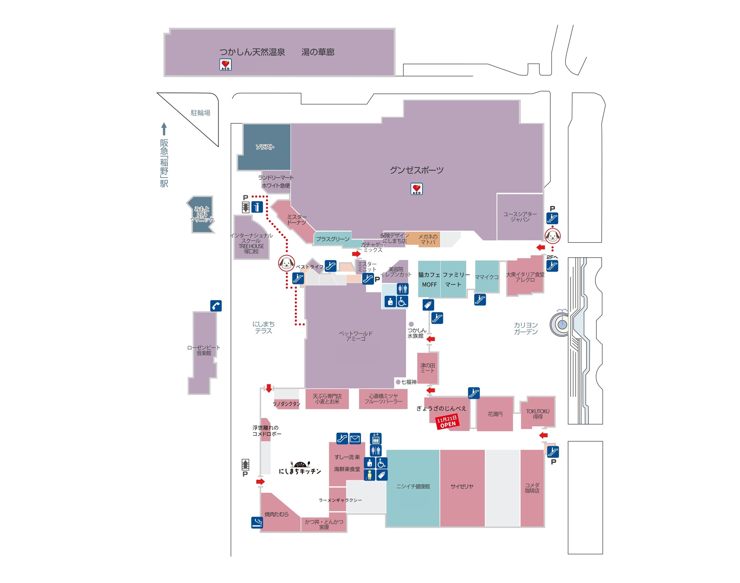 グンゼタウンセンターつかしんにしまち1Fフロアマップ