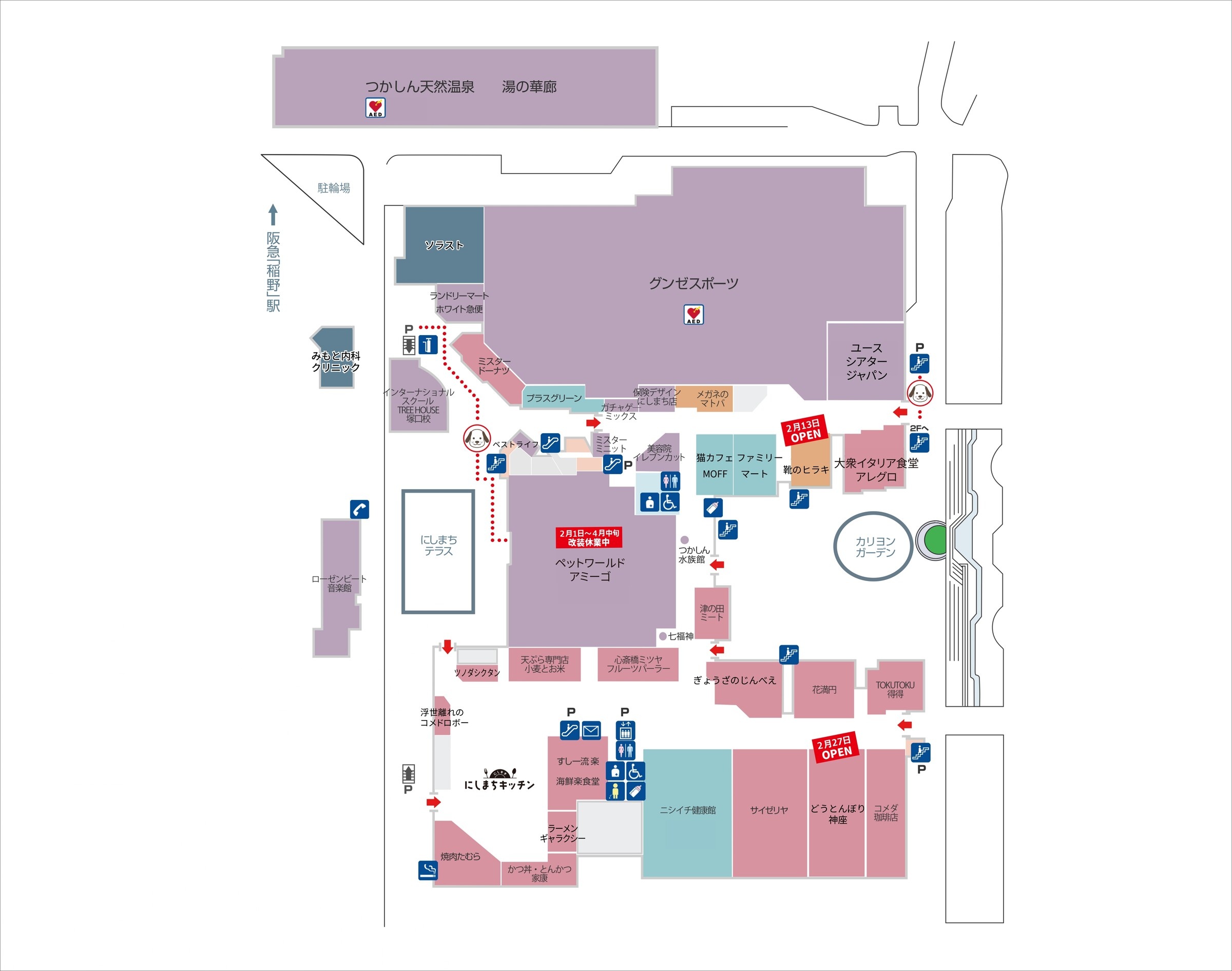 グンゼタウンセンターつかしんにしまち1Fフロアマップ